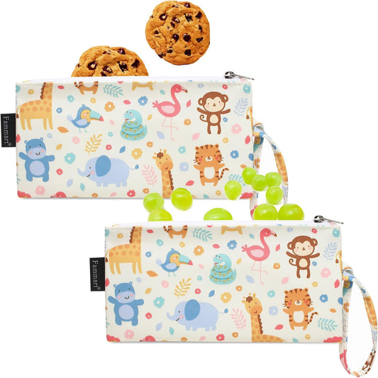 Reusable Sandwich Bag/Snack Bag for Kids & Adults, Dual Layer Lunch Bag with Handle, Washable, Food Safe, BPA Free (2-Pack, Zoo)