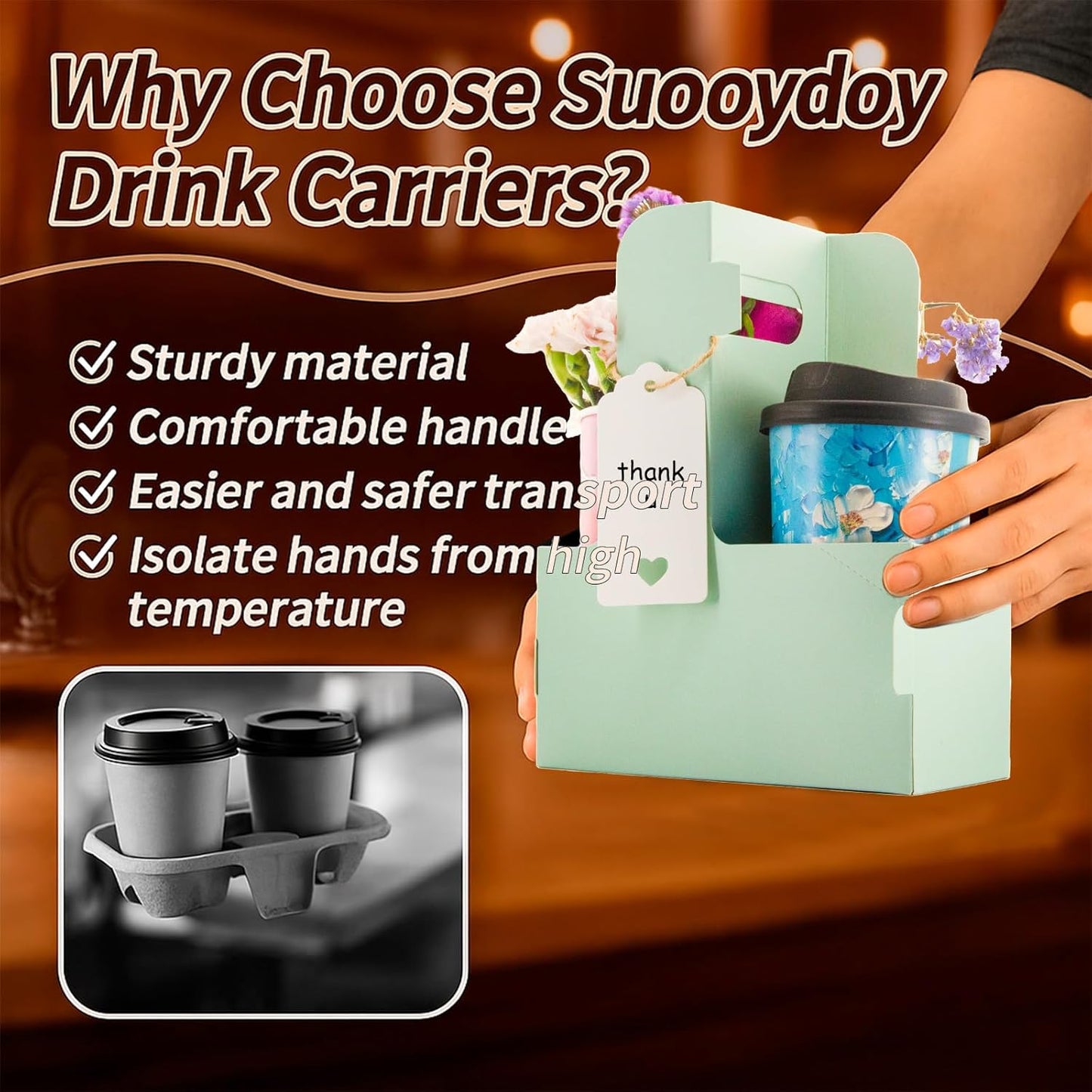 30 Pack 2 Cup Disposable Drink Carrier with Handle Paperboard Coffee Cup Holder Portable for Hot Cold Drinks Food Delivery Services with Heart Card for Teacher Appreciation Week Mother's Day