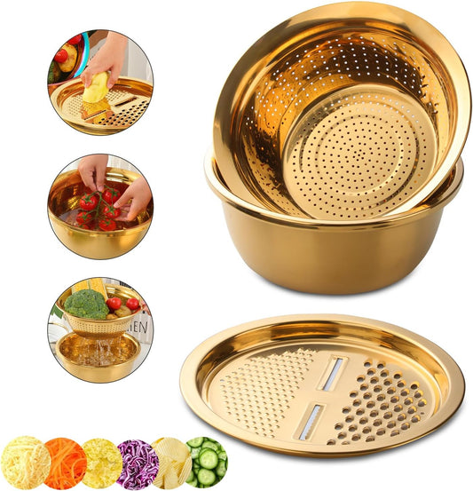 Meisha Colander, 3Pcs Stainless Steel Kitchen Tool 3 in 1 Drain Basket Fruit and Vegetable Cutter Strainer Bowl Set Drain Pot Basket Grater for Fruits Vegetables Rice Washing Mixing - Gold