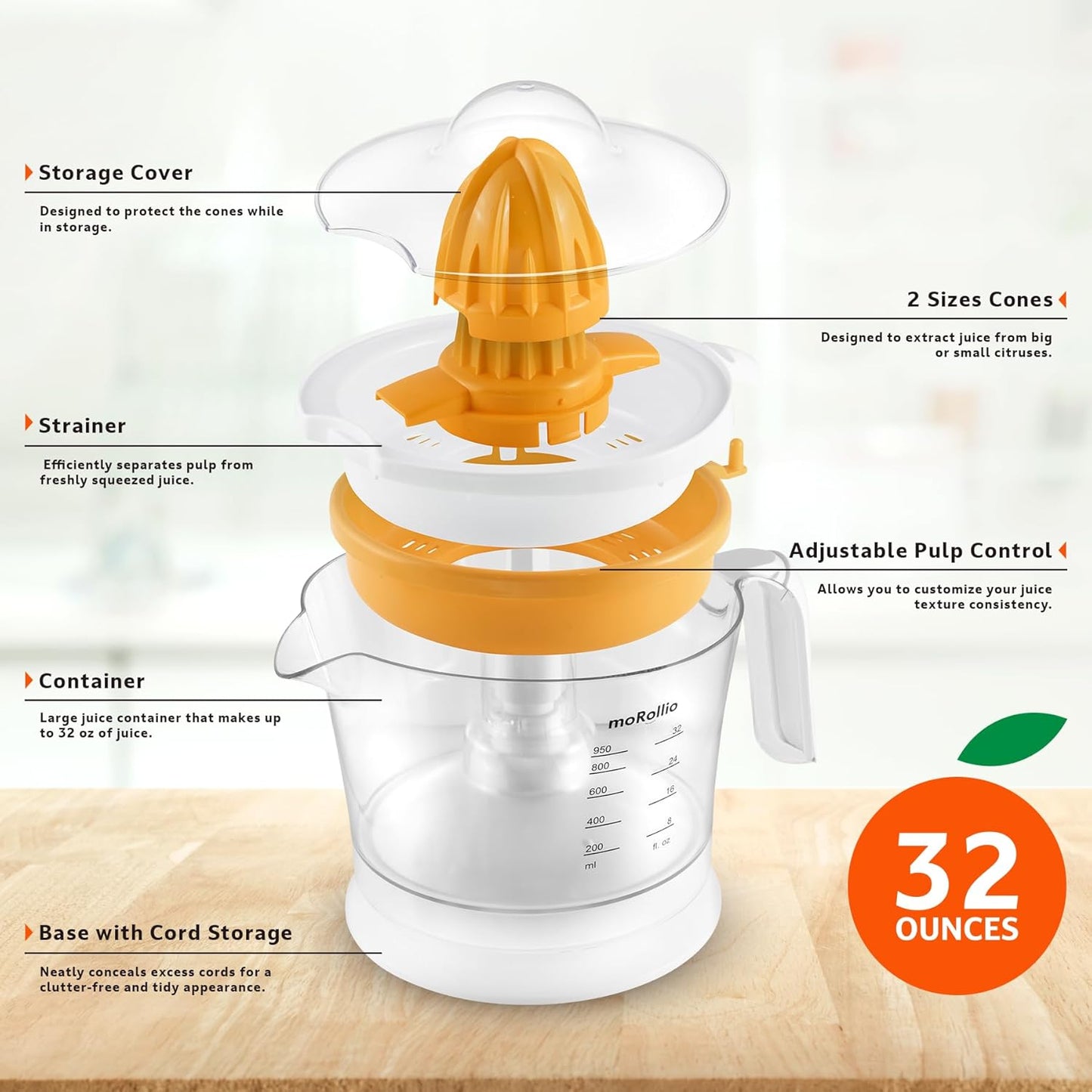 Citrus Juicer, Orange Juicer | Electric Citrus Juice Squeezer with Adjustable Pulp Control, 32oz | for Oranges, Grapefruits, Lemons and Limes