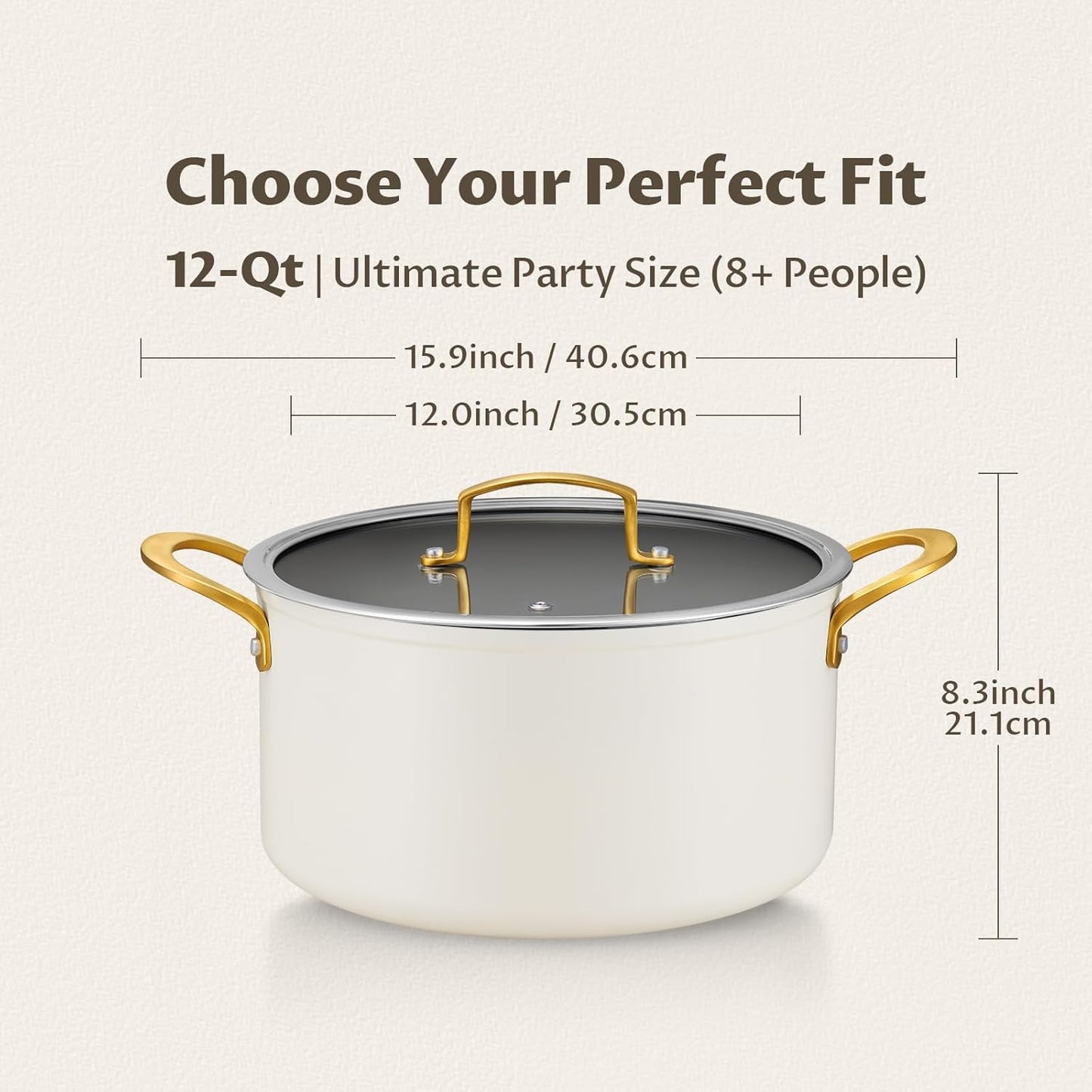 BEZIA Non Stick Stock Pot With Lid, 12 Quart Large Stockpot for Catering for Groups and Events, Induction Cooking Pot for All Stoves, Sturdy & Double Handle, Ideal for Soups & Stews, Cream