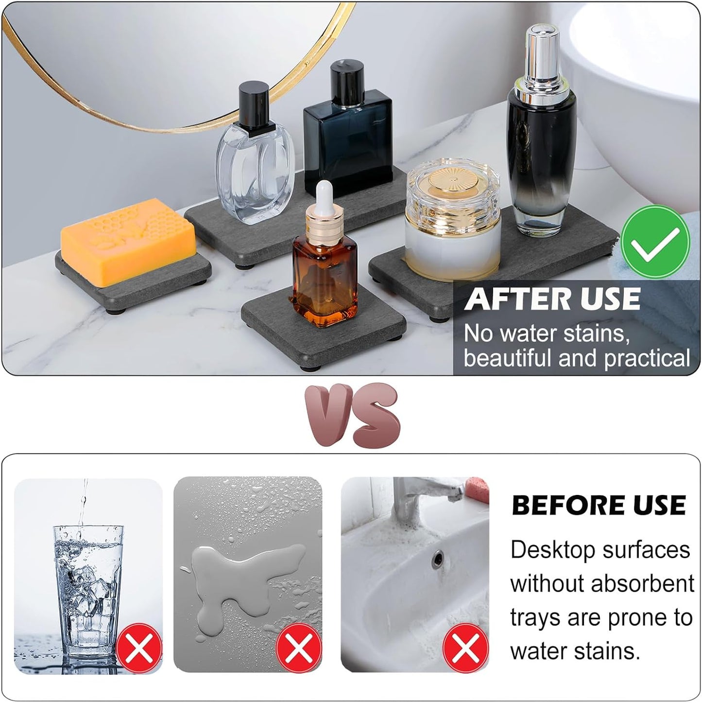 4PCS Water Absorbing Stone Tray for Sink, Fast Drying Stone Sink Tray, Water Absorbent Diatomite Trays, Stones Soap Diatomaceous Coaster, Stones Drying Trays for Bathroom Sinks and Kitchen Counter