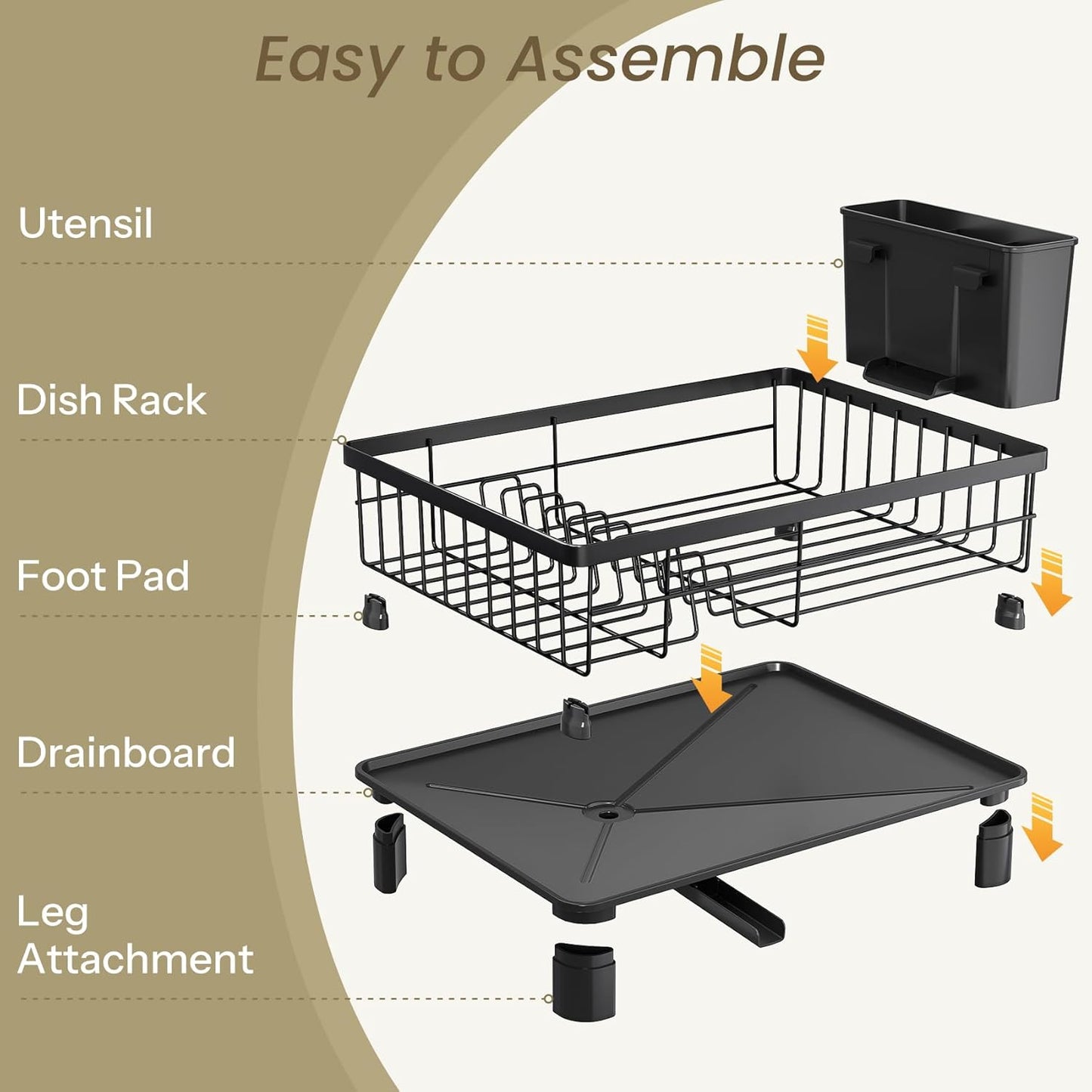 Dish Drying Rack - Small Dish Rack for Kitchen Counter, Stainless Steel Dish Drainer with Utensil Holder and Drainboard (Black)