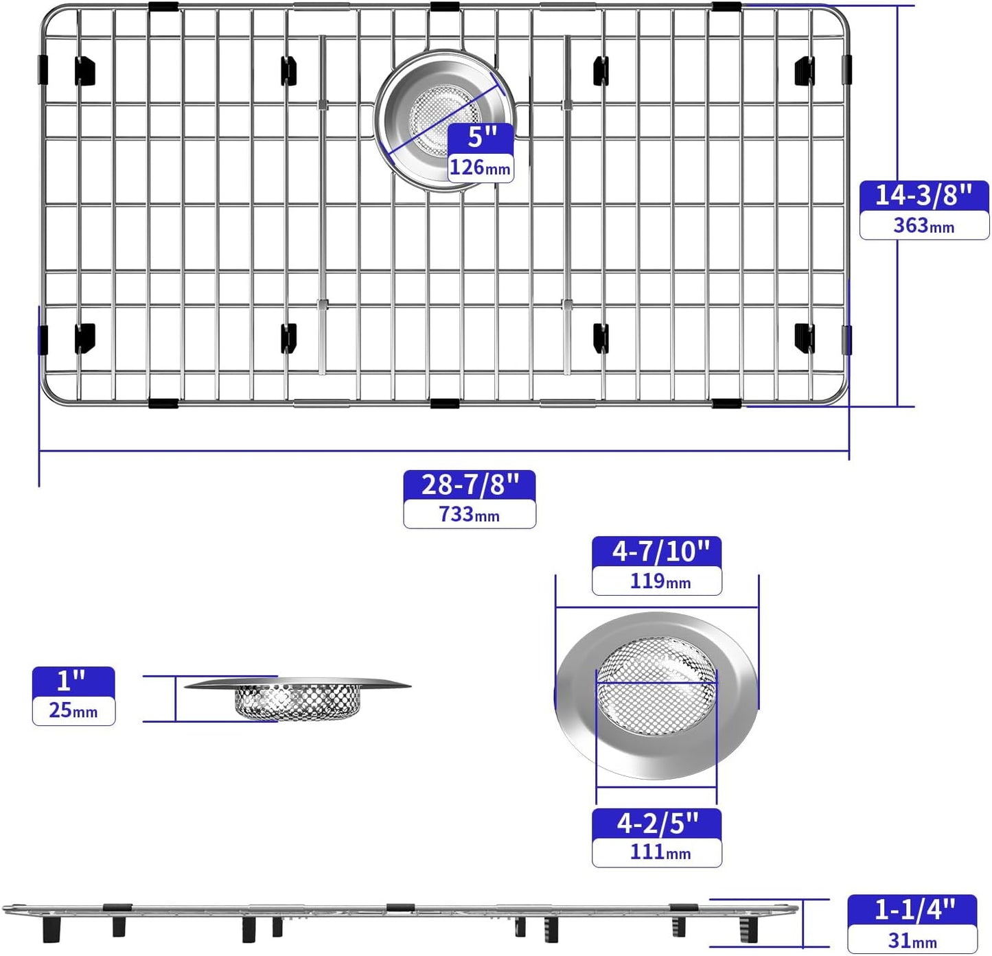 Sink Protectors for Kitchen Sink, Sink Grate Grid for Bottom of Sink, Metal Sink Rack, Bottom Basin Rack, Stainless Steel, 28-7/8" x 14-3/8"