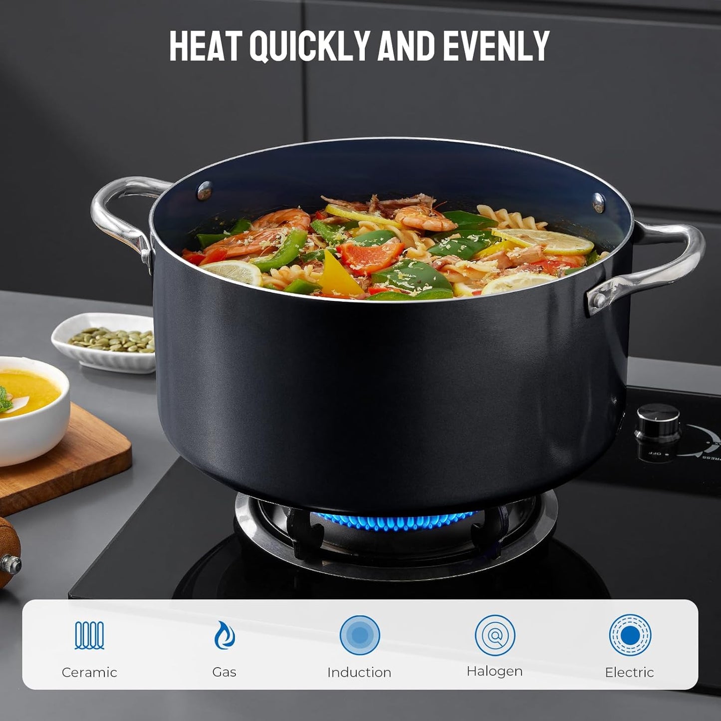 Induction Cookware Set 6-Piece, Stackable Kitchen Cooking Pots Set, 6qt 4.8qt & 2qt Pots with Lids, Dishwasher Safe & Oven Safe, Compatible with All Stoves, Black