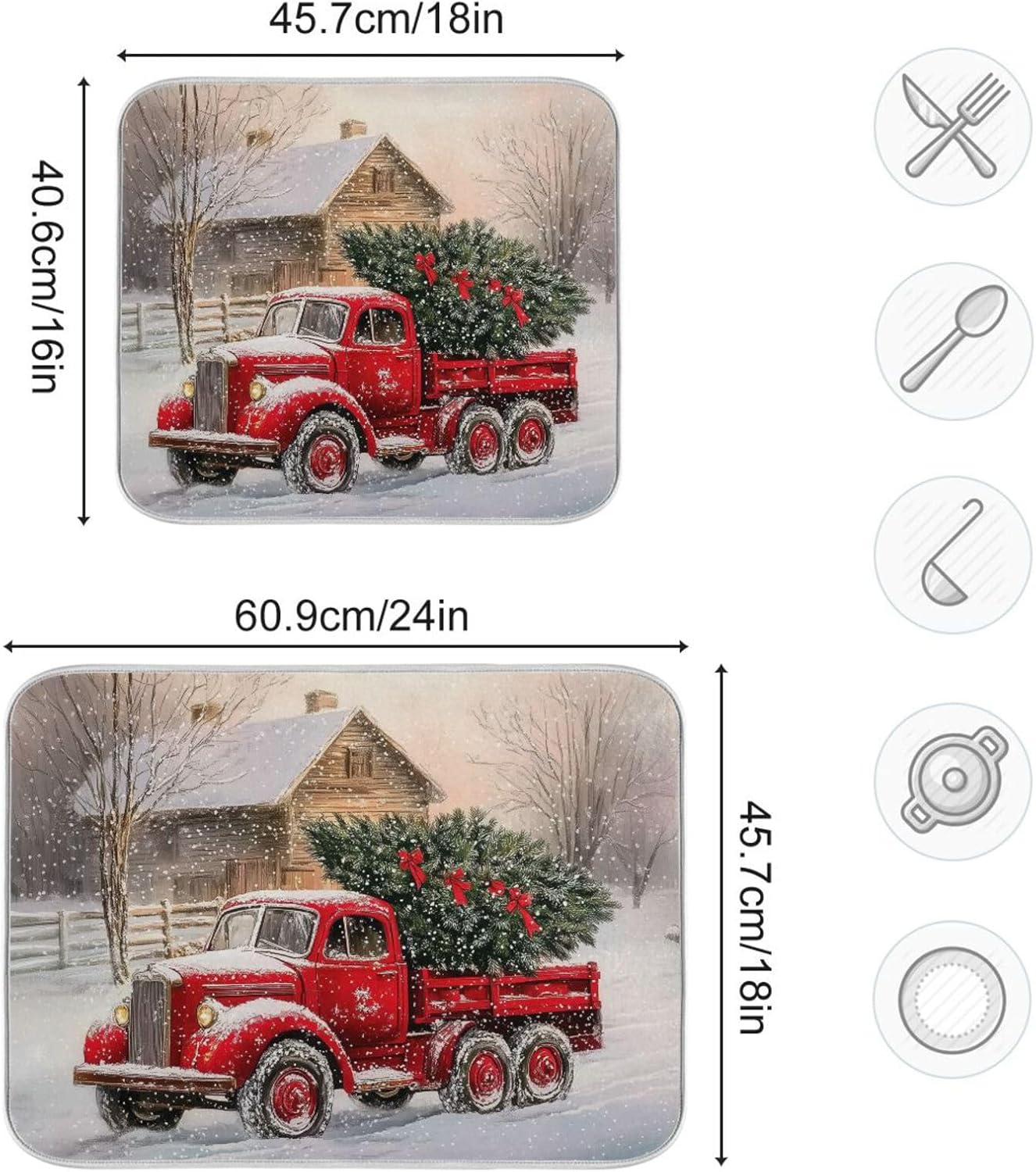 Red Christmas Truck Dish Drying Mat for Kitchen Counter Absorbent Microfiber Drying Pad, Medium 16x18 in, Reversible Drainer Mats