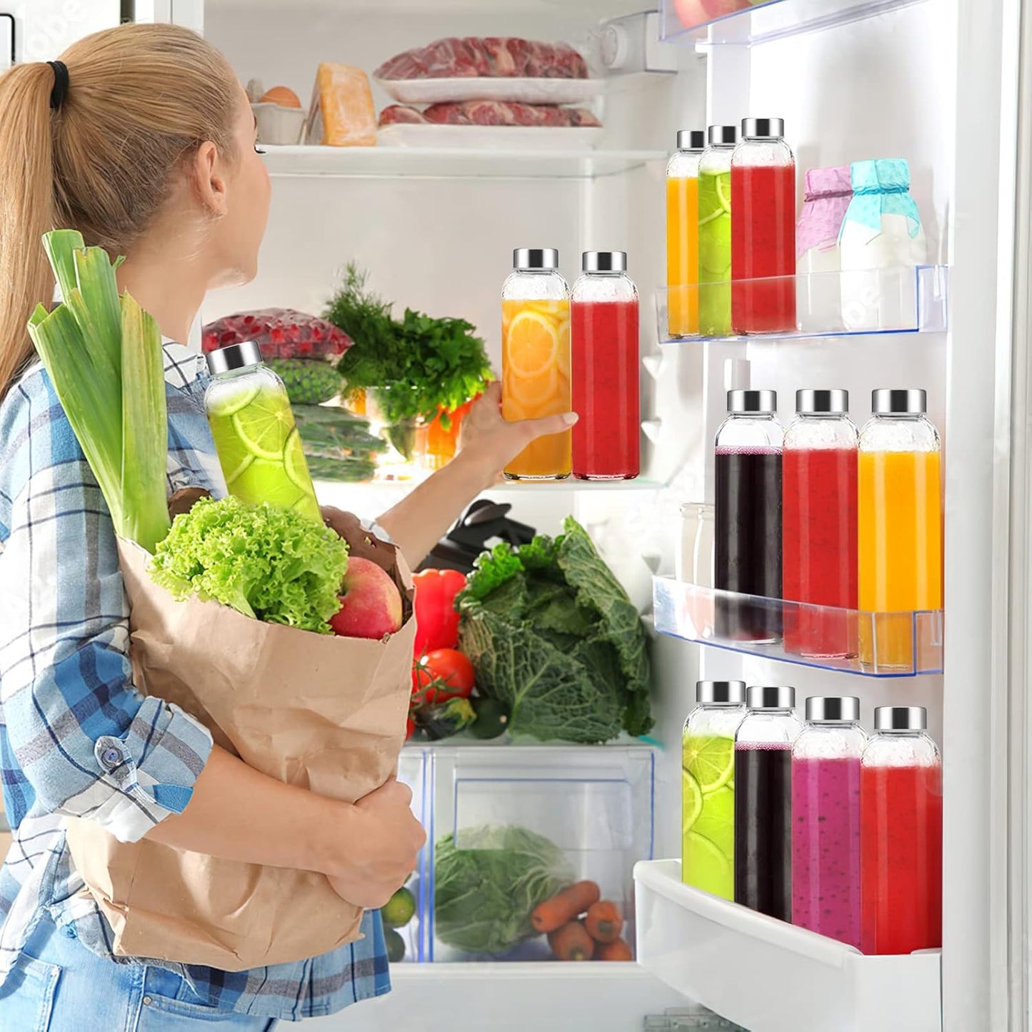 Clear Glass Bottles with Lids 18 oz, Reusable Glass Water Bottles with Stainless Steel Cap for Juicing, Refrigerator,100% Leak Proof, BPA Free, Juice Water Bottle Set of 10