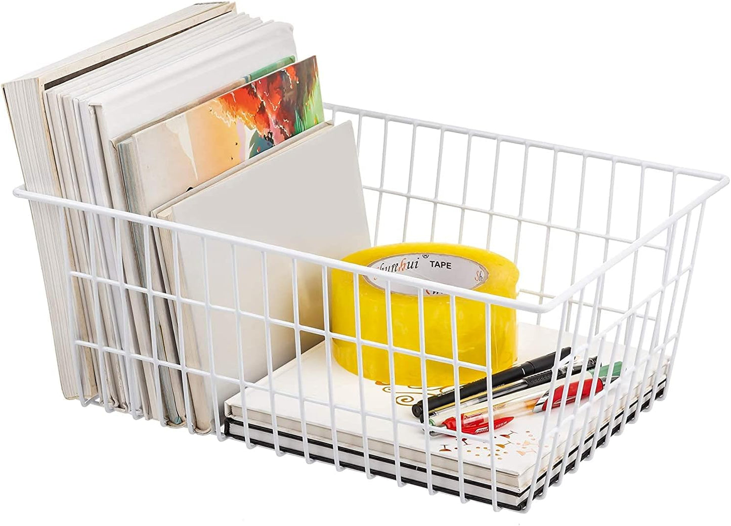 Redrubbit Metal Wire Stroage Baskets, Large Freezer Refrigerator Organizer Bins, Home Office Shelf Freezer Storage, Closets Organization Rack with Handles, Set of 6, White