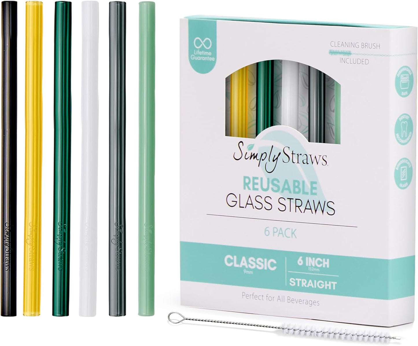 Simply Straws 6 Inch Glass Straws Straight (6-Pack) – Reusable Glass Straws for Low Balls & Stemless Glasses, with Cleaning Brush – Dishwasher Safe, Hot & Cold Use, BPA-Free (Fjord Mist)