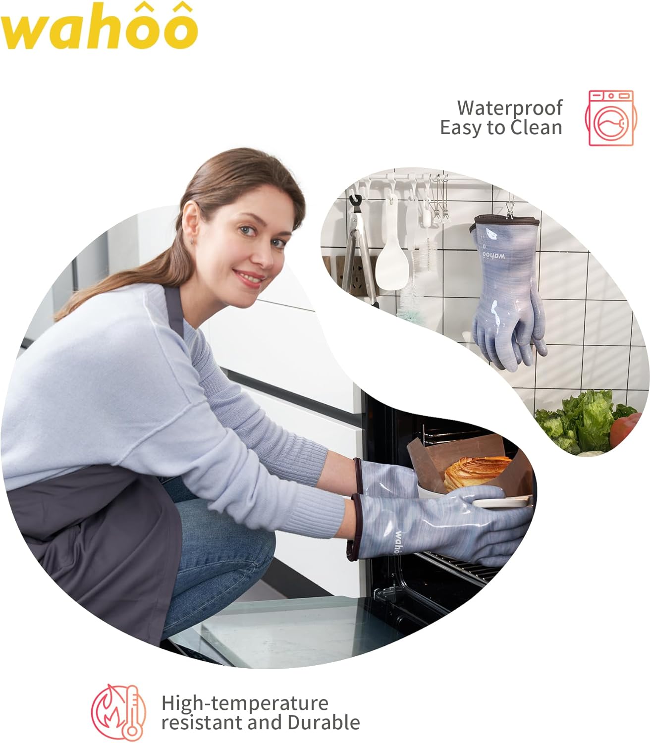 wahoo Professional Liquid Silicone Oven Mitts Gloves, Heat Resistant Gloves for Cooking, Baking, CoralAir Liner, 12 Inch, Purple, Large