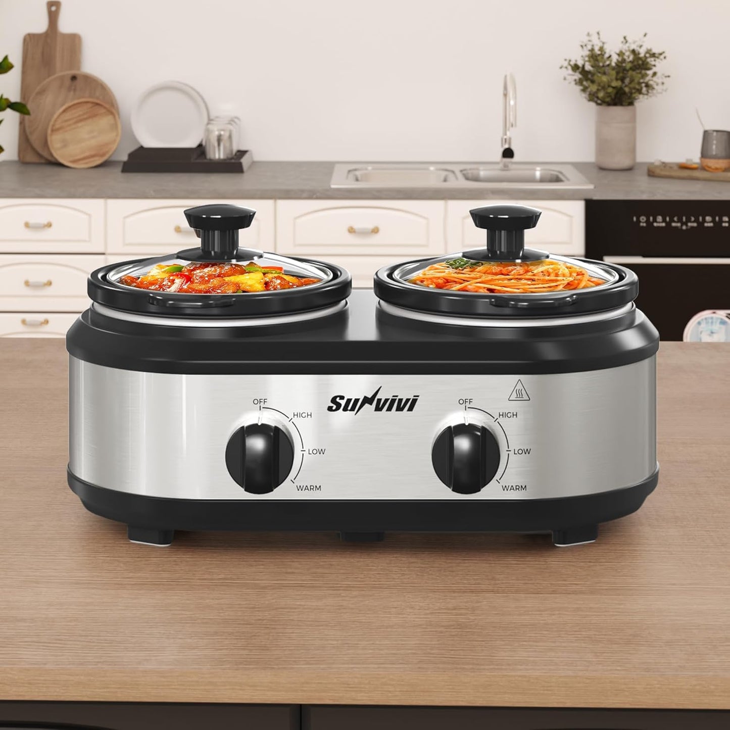 Sunvivi Dual Slow Cooker, Buffet Server and Food Warmer, Small Mini Pot with 3 Adjustable Temp & 2 Visible Glass Lids, for Parties, Holidays and Entertaining, Stainless Steel, 2 * 1.25 Quarts