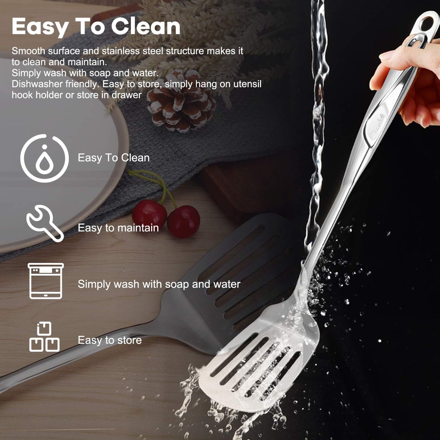 Kitchen Utensils, Contains Soup ladle, Spaghetti Claw, Wok Turner Shovel, Slotted Turner, Premium Stainless Steel, No rust, Dishwasher Safe (Slotted Spatula)