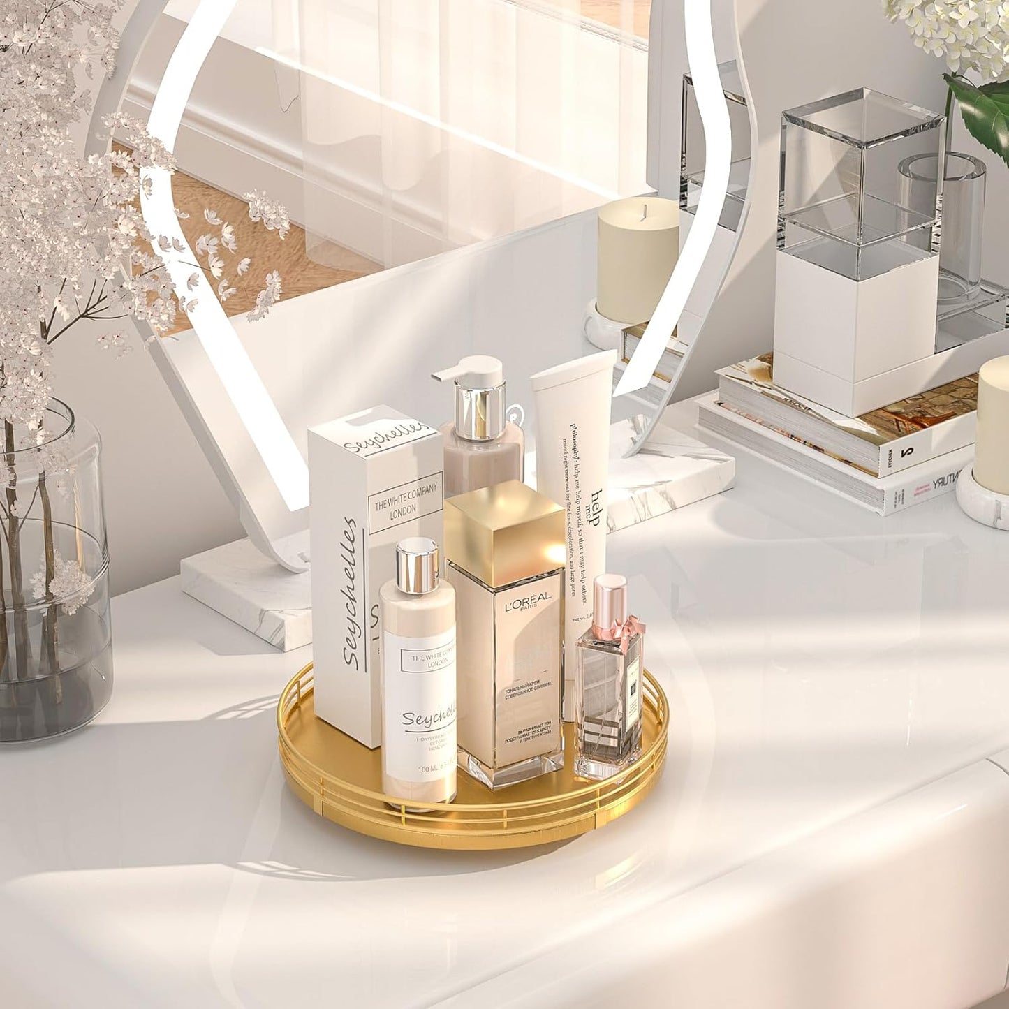 9" Gold Lazy Susan for Table Top, Oak Wood Lazy Susan Turntable Organizer for Dining Coffee Table Centerpiece Bar Decor Kitchen Countertop Bathroom Vanity Decorative Tray for Perfume Jewelry Round