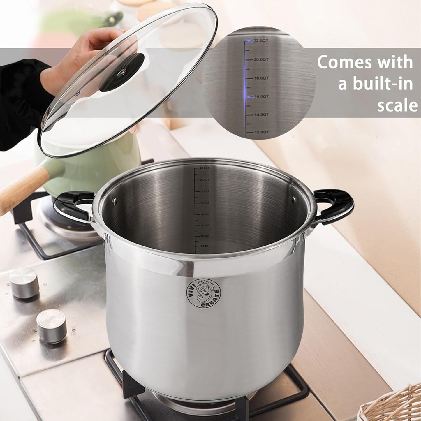 Vivicreate Stainless Steel Stock Pot with Lid for Induction Cooking Boiling Pasta Stew Soup Large Capacity Cookware with Handles for Kitchen Spaghetti Olla Olla de Acero Inoxidable (22.5 QT)