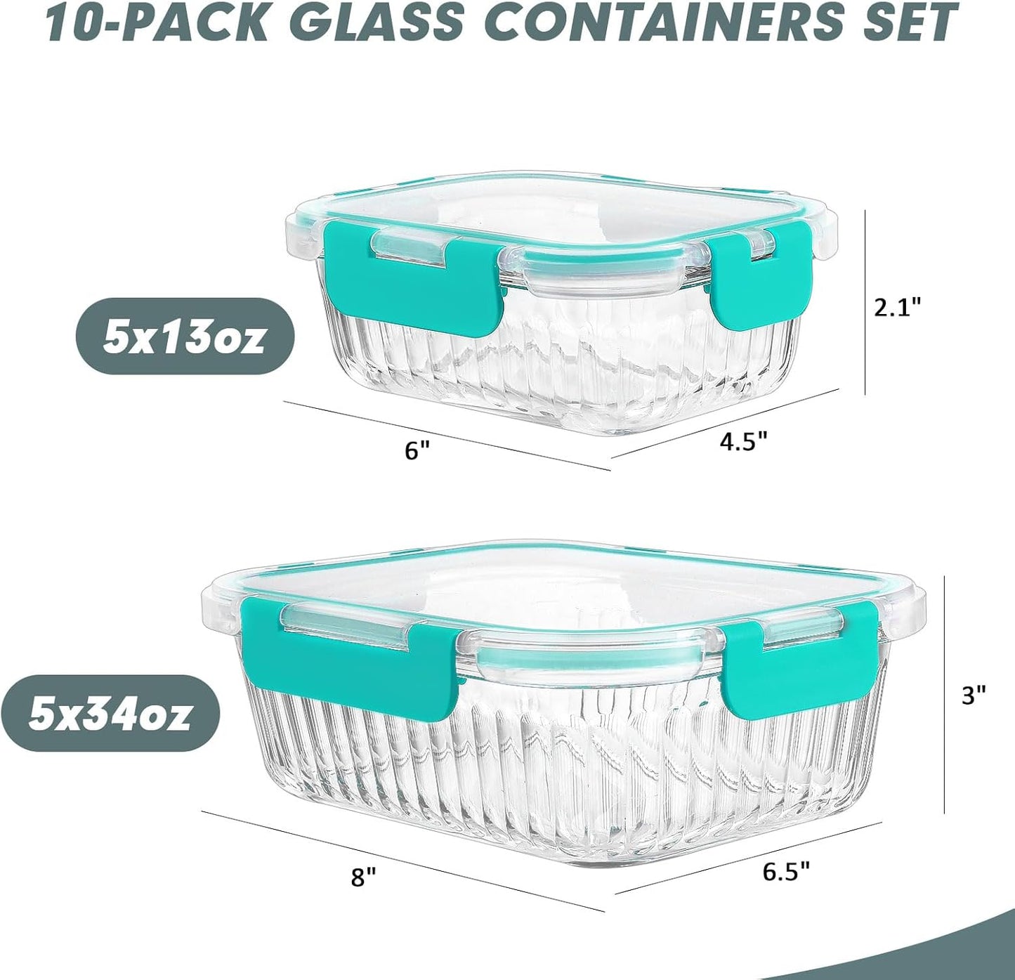 KOMUEE 10 Packs Glass Meal Prep Containers with Lids, Glass Food Storage Containers Set, Airtight Lunch Containers, Microwave, Oven, Freezer and Dishwasher Safe, Green
