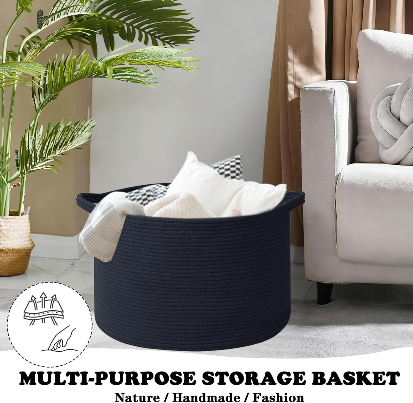 Large Blanket Basket for Organizing,65L Closet Organizers and Storage Bins Box for Shelves Woven Rope Storage Baskets,Living Room,Bedroom,Dorm,Laundry room (Navy)