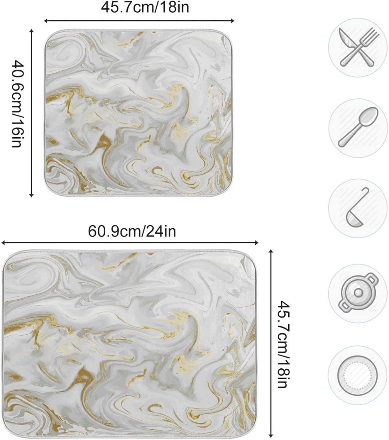 White Grey Gold Marble Fluid Dish Drying Mat for Kitchen Counter Absorbent Microfiber Drying Pad, Medium 16x18 in, Reversible Drainer Mats
