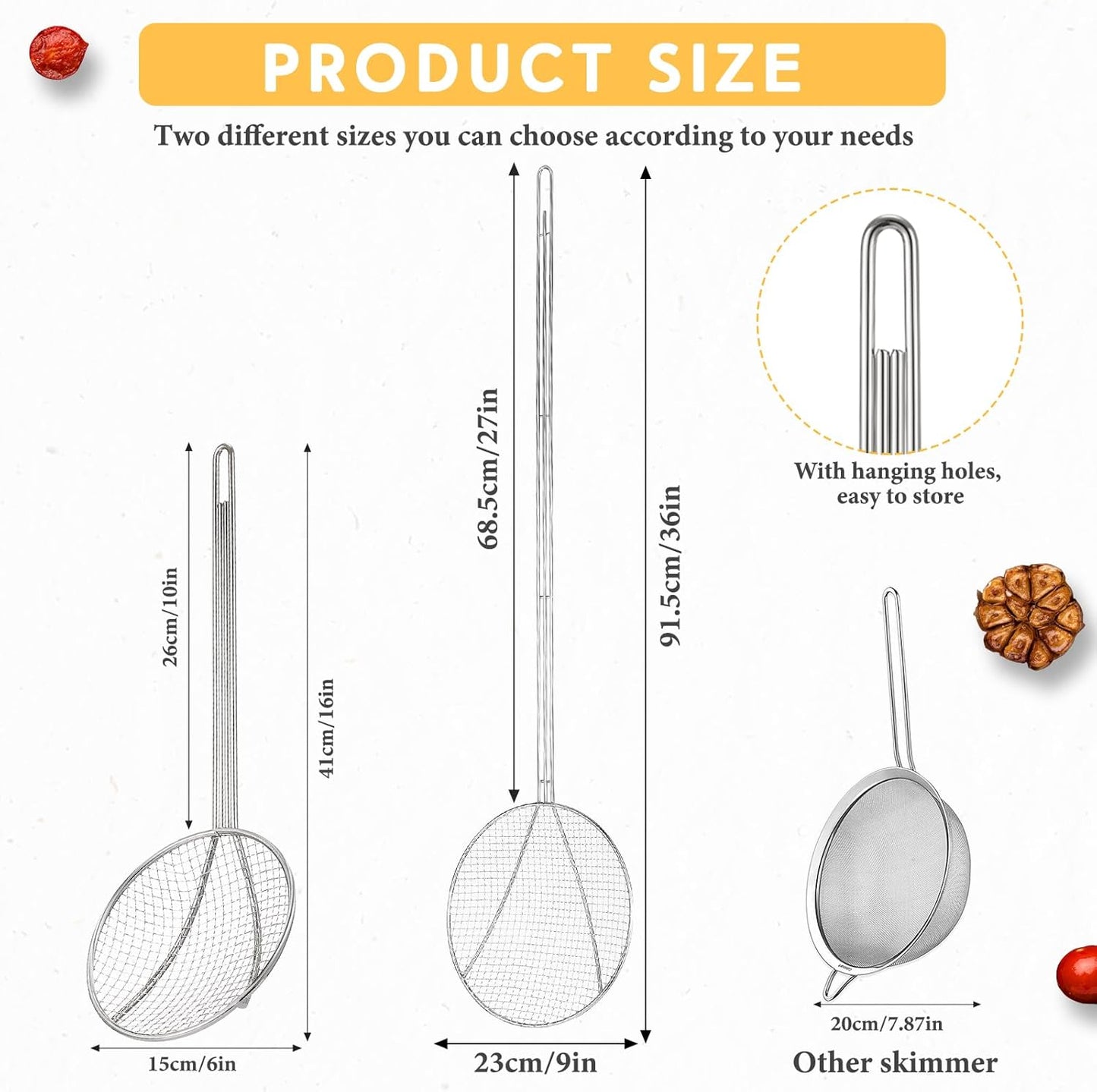 Baderke 2 Pcs 36 Inch Round Plated Wire Skimmer Stainless Steel Food Strainer Spoon Mesh Stirring Fryer Skimmer with Long Handle for Kitchen Fried Food Cooking Straining Frying
