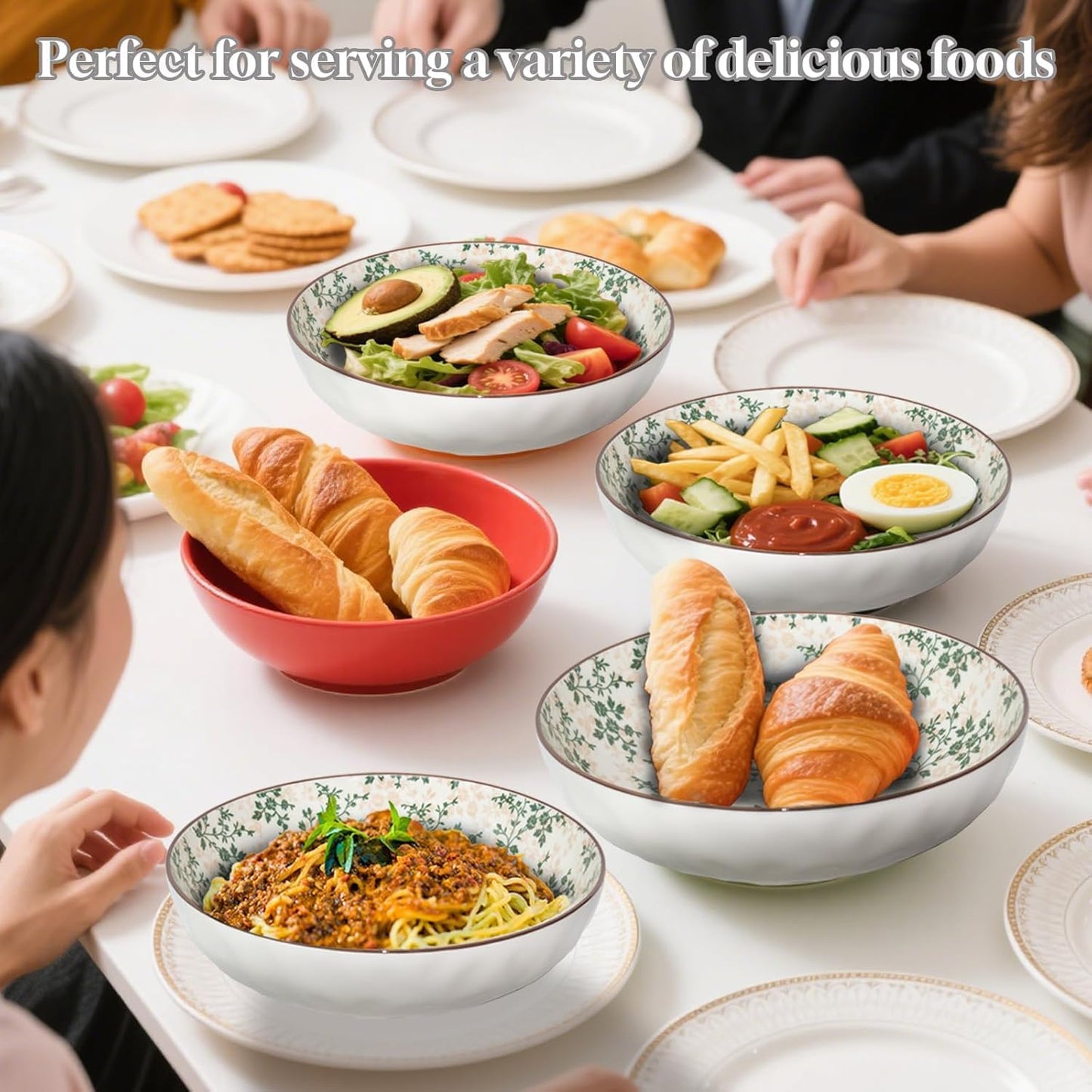 75 Oz Serving Bowls,2 Pack Bohemian Style Large Porcelain Dishes for Entertaining Parties,Big Bowls for Eating Soup, Salad, Pasta, Fruit, Chips, 10.3 Inch Diameter (blue Beige)