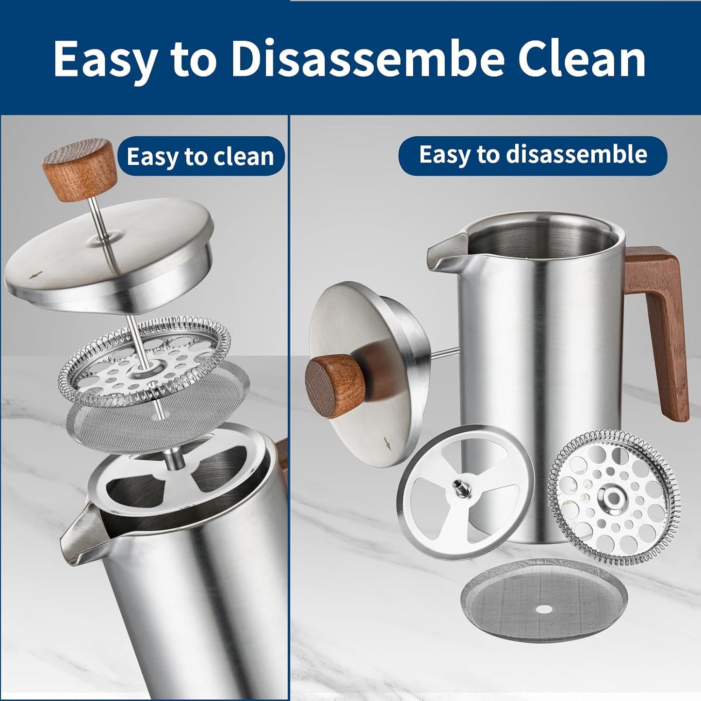 BERTILLE french press coffee maker, 34OZ 304 food stainless steel French press coffee maker with solid wood handle, double-layer insulation and 3-layer filtration system (silver)