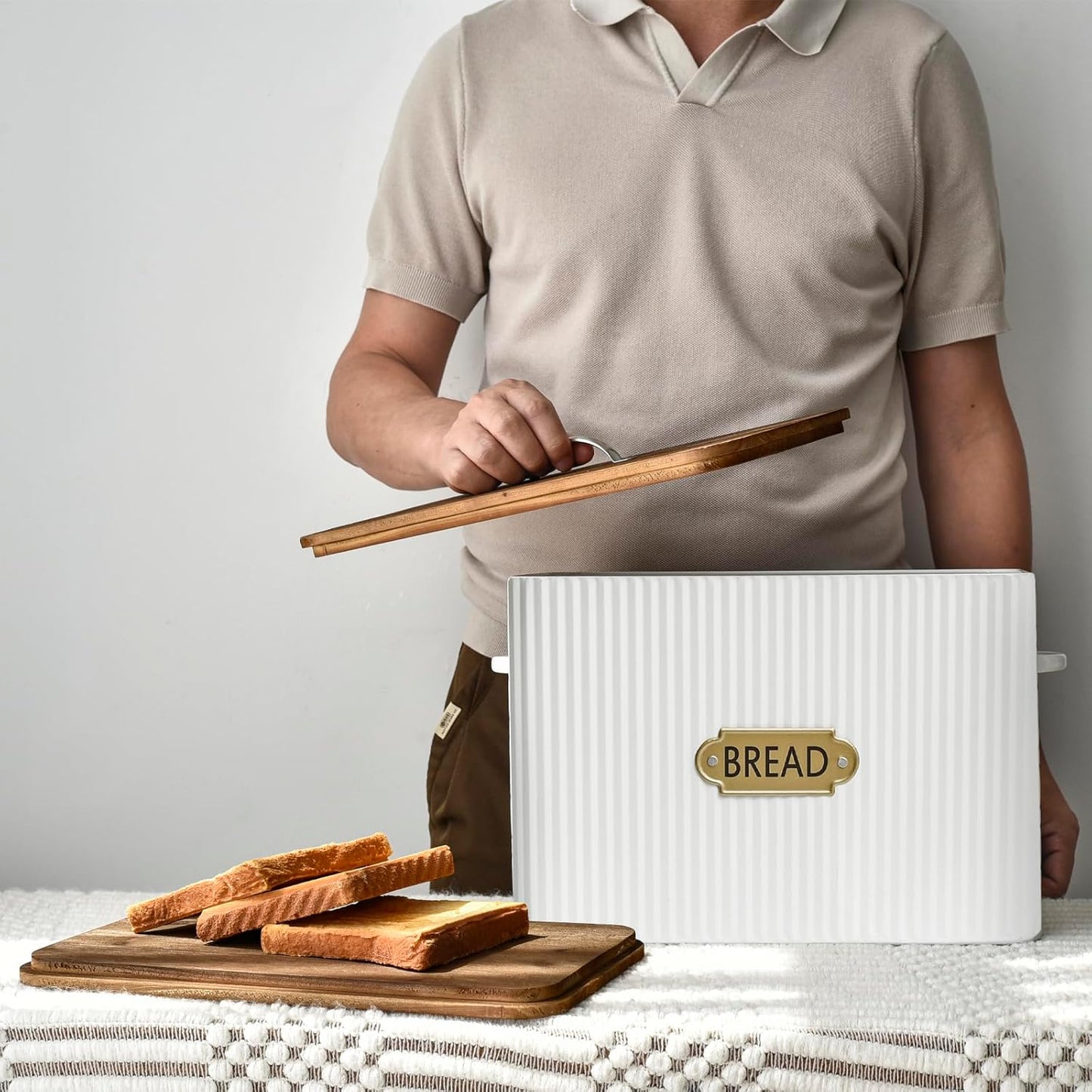 Vertical Stripes Extra Large Space Saving Farmhouse Bread Box with Wood Lid - Holds 2 Loaves - White Vertical Breadbox Bread Storage Bin Holder for Kitchen Countertop