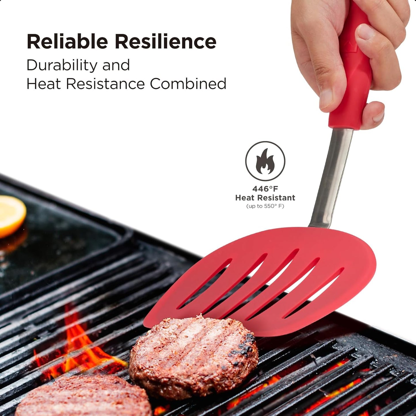 Kitchen Mama WaltzGrip Platinum Silicone Pancake Spatula Turner: Heat Resistant Flexible, Stainless Steel Core, Nonstick, Dishwasher Safe, Flipper – Ideal Kitchen Cookware for Eggs, Fish, Meat (Red)