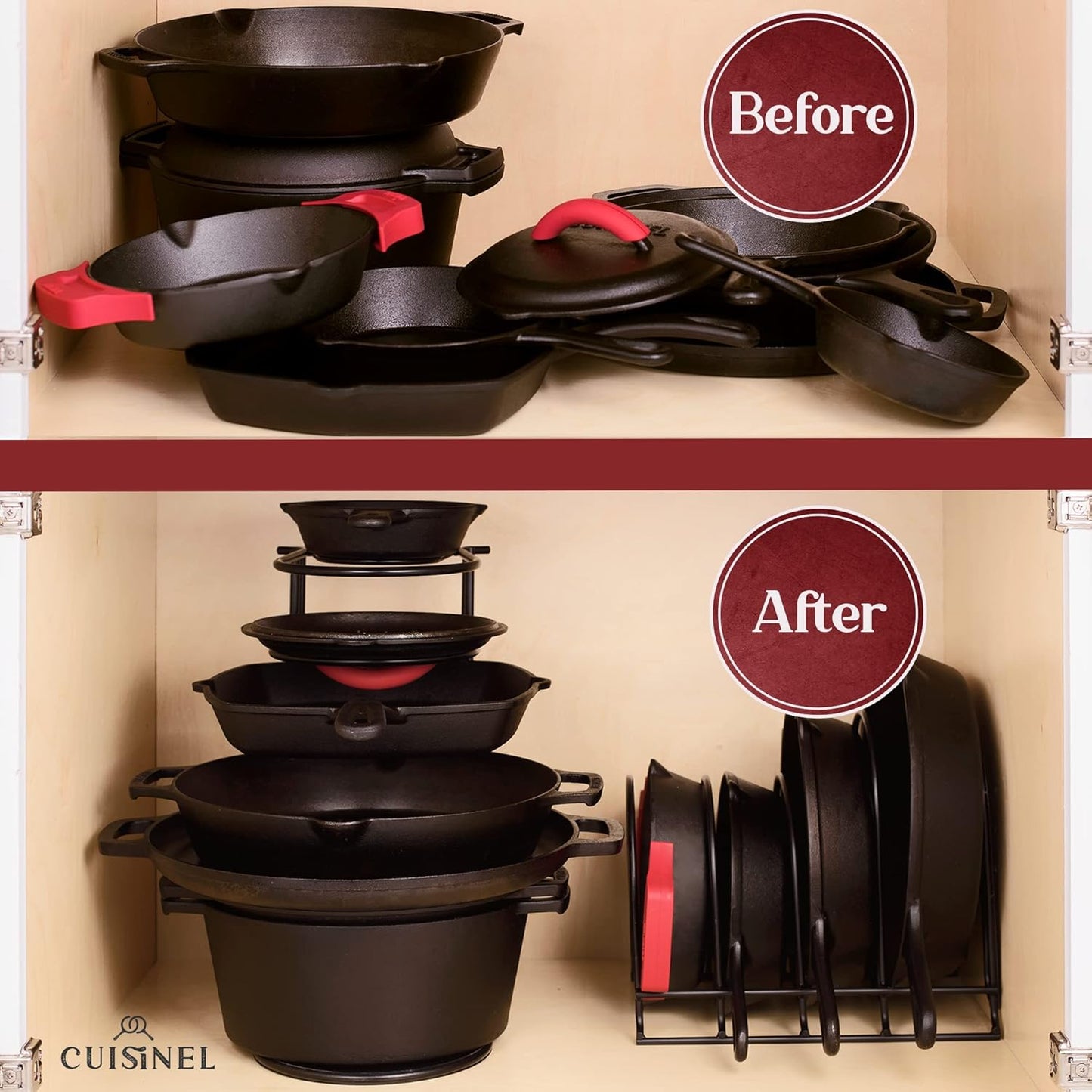 Cuisinel Pots and Pans Organizer Rack - Heavy Duty 60-LBS Capacity - 6mm Thick - Made in India - Matte-Black 12.2"-Tall 5-Tier Space-Saving Kitchen Storage for Cast Iron Cookware, Skillet, Dish, Plate