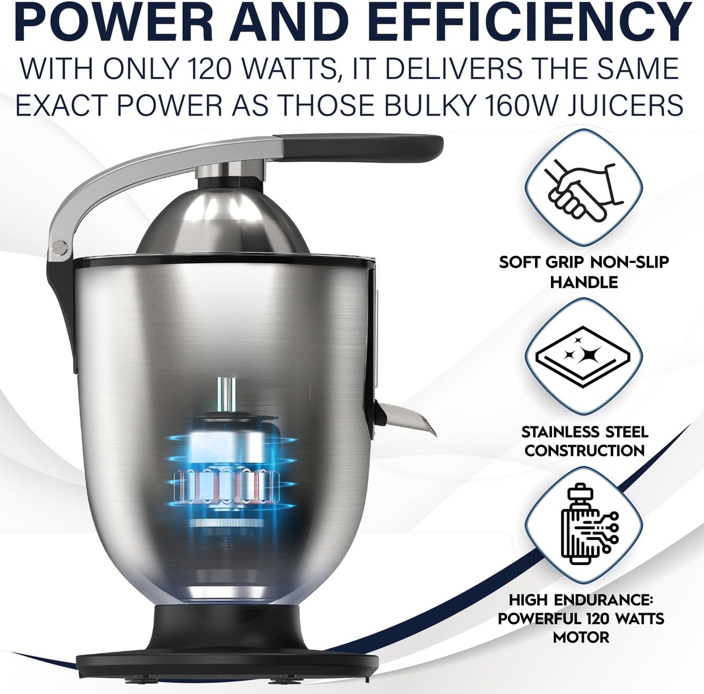 Eurolux Premium Electric Orange Juicer | Stainless Steel Citrus Squeezer With New Ultra-Powerful Motor and Soft Grip Handle for Effortless Juicing, Auto Shutoff, Dishwasher-safe Parts, Pulp Control