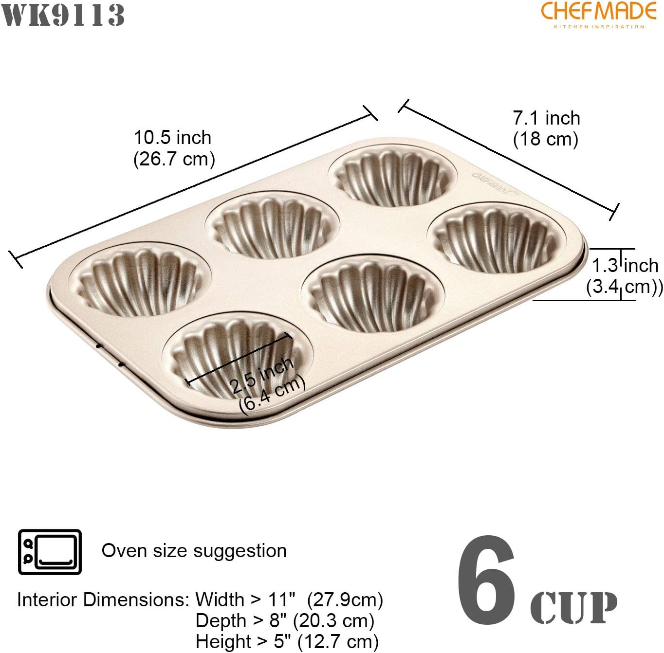 CHEFMADE Madeleine Mold Cake Pan, 6-Cavity Non-Stick Spherical Shell Madeline Bakeware for Oven Baking (Champagne Gold)