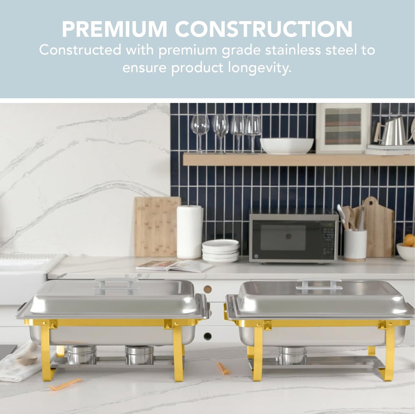 4 Pack 8QT Chafing Dish Full Set – Stainless Steel Catering Chafer with Lids, Pans & Fuel Holders – Buffet Food Warmers for Parties, Events & Weddings – Gold Frame