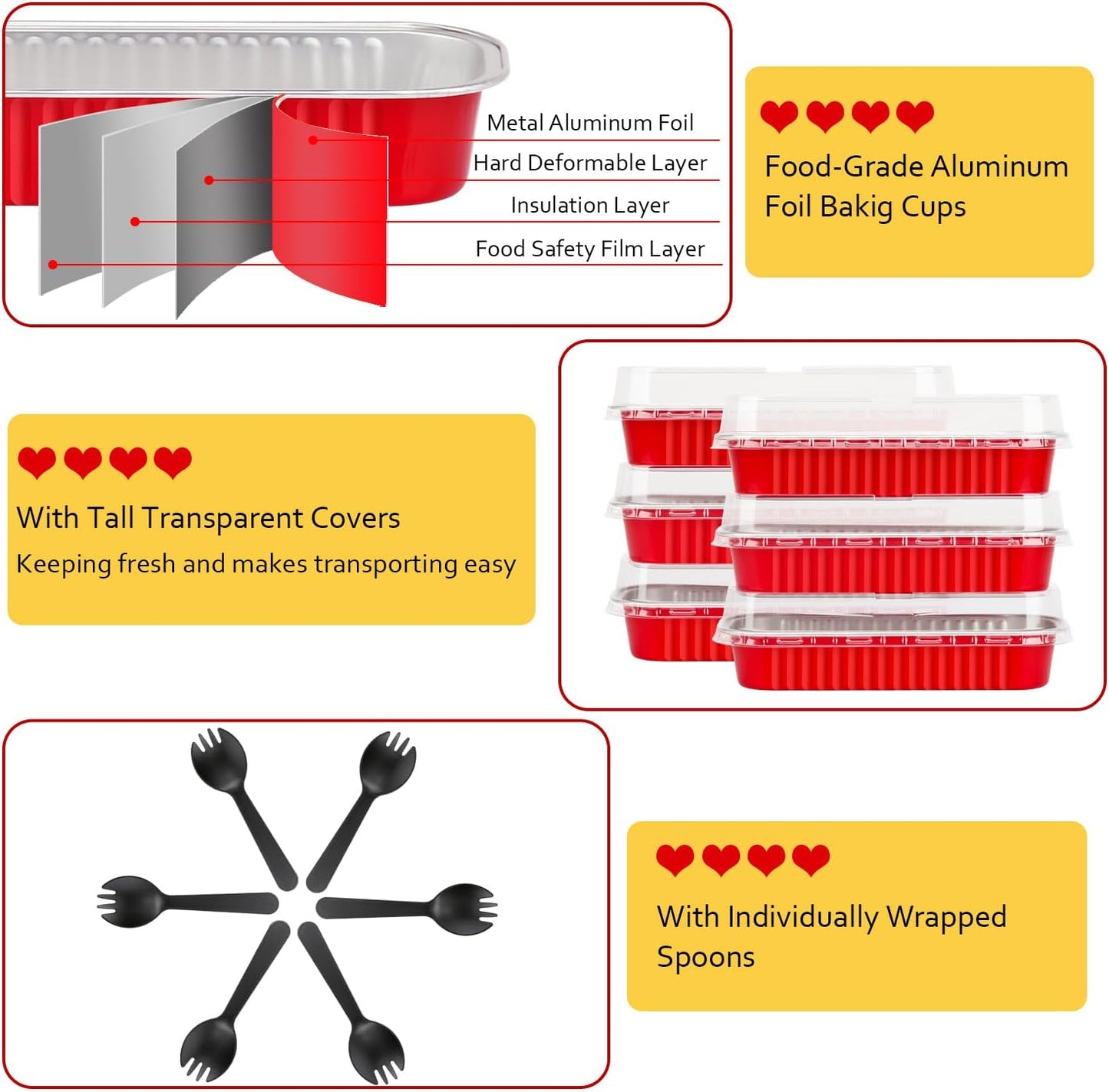 LNYZQUS Disposable Mini Cake Pans with Lids 100 Pack, 6.8oz Rectangle Mini Loaf Pan Baking Cups Muffin Tin,Aluminum Foil Cupcake Baking Tins Containers for Christmas New Year-Red