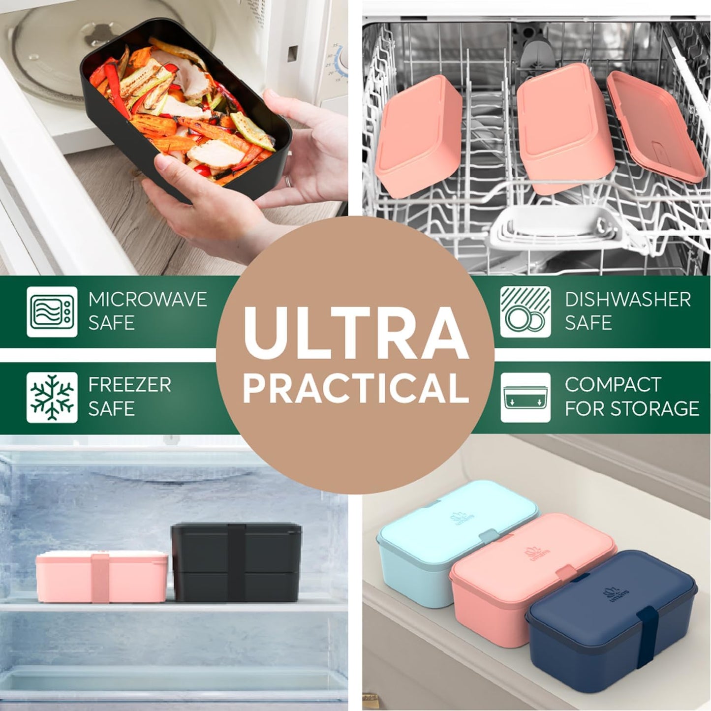 Umami Lunch Box Containers w/ 4 Utensils, Sauce Jar, Nestable Space-Saving Bento Box Adult, 100% Leakproof, Microwavable Lunch Containers for Adults, Design Award Winner, Black, 30 oz