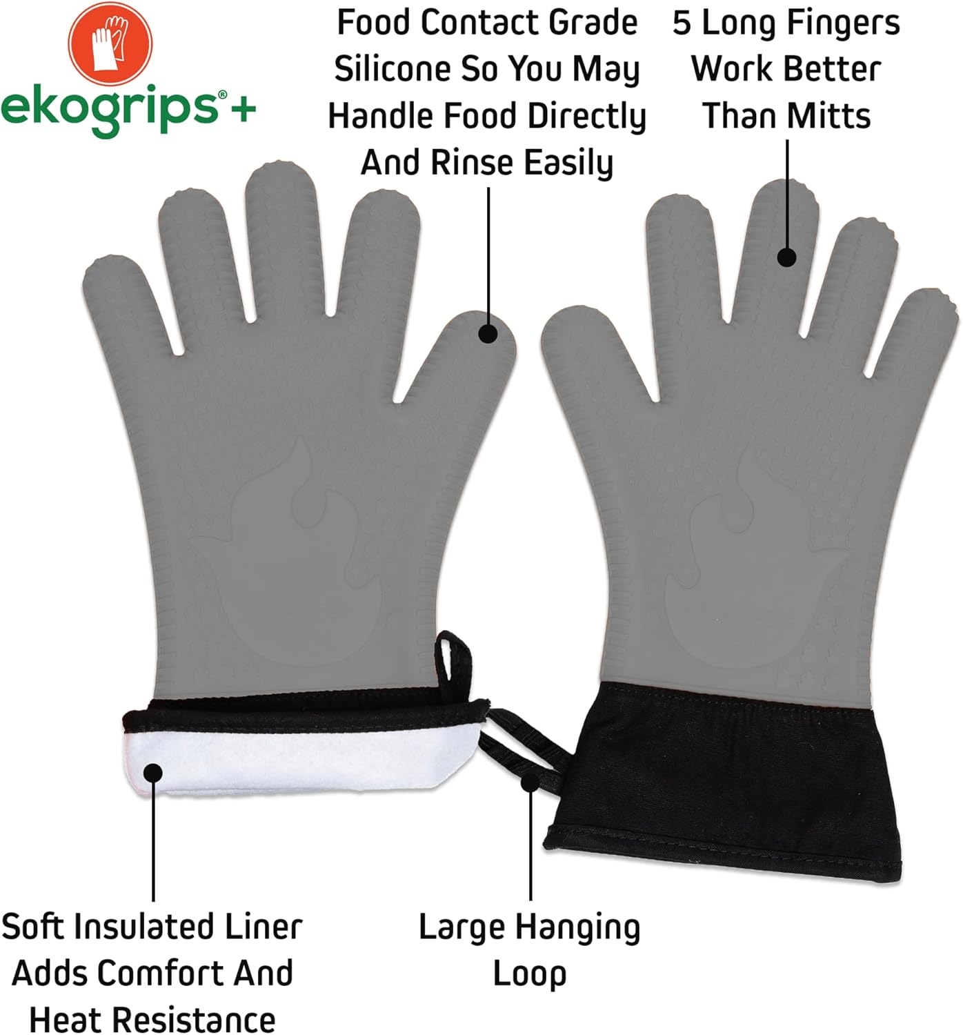 Ekogrips+ Premium Silicone Oven Mitts - Comfy, Waterproof, Heat Resistant BBQ Gloves for Grilling, Long Cuff for Added Protection, 5 Finger Dexterity, 3 Sizes, 4 Colors, L/XL, Grey