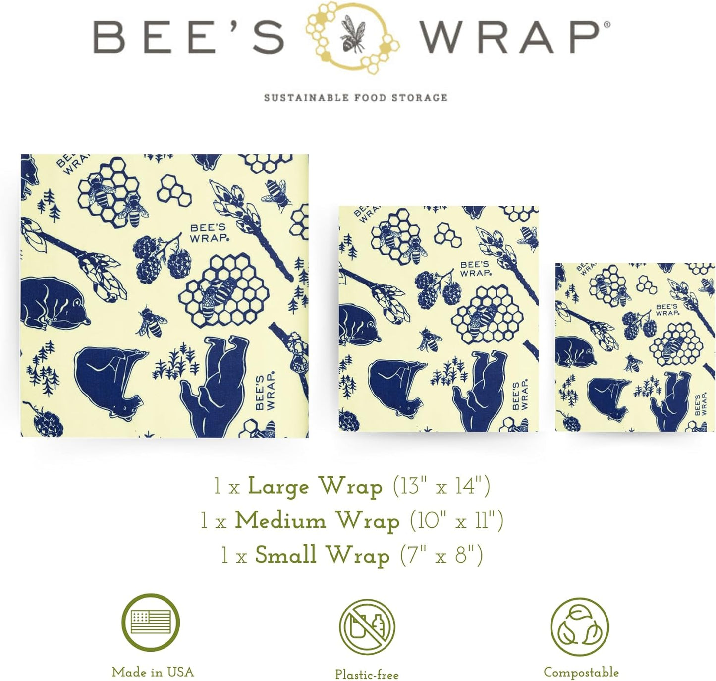 Bee's Wrap Beeswax Wraps for Food - Bees + Bears 3 Pack (S, M, L) Made in USA Reusable & Organic Food Wraps, Sandwich Wrap & Bowl Covers - Eco-Friendly Alternative to Aluminum Foil & Plastic Wrap