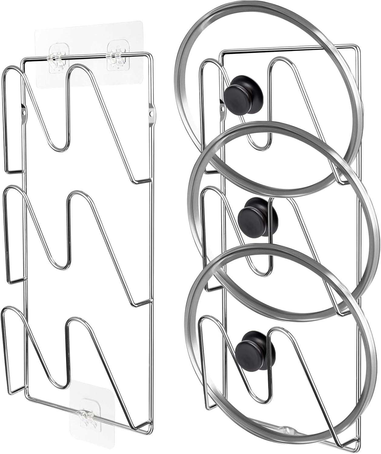 2 Pack Pot-Lid-Organizer, 6-Tier Pots and Pans Lid-Organizer for Cabinet Door/Wall, No Drilling Adhesive Wall/Door Mounted Rustproof Pot-Lid-Holder for Kitchen Organization - silver