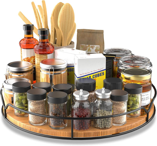 Lazy Susan Turntable Organizer for Cabinet Pantry Kitchen Countertop Refrigerator Cupboard, Pine Wood (Carbonized Black, 14“)