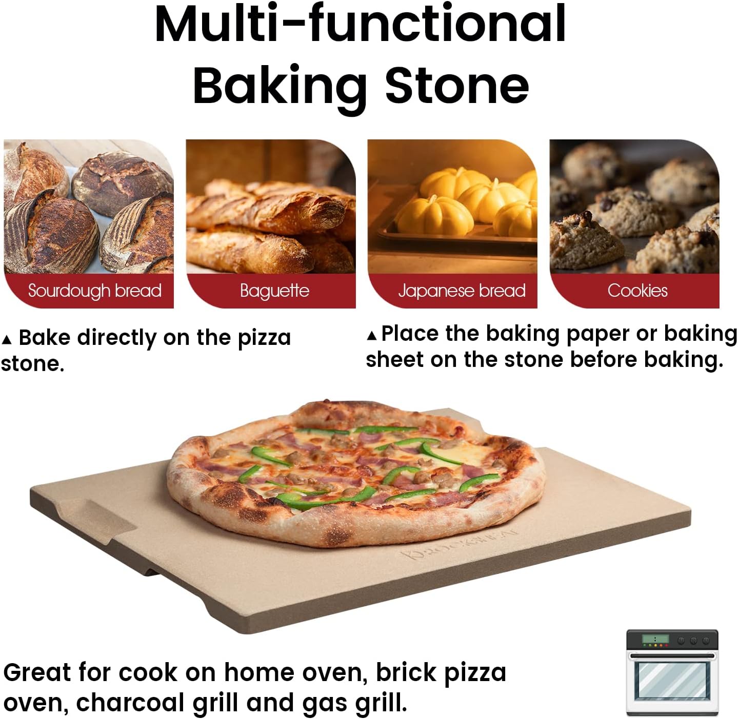 Pizza Stone, 12"x12" Square Pizza Stone for Oven Grill BBQ, Cordierite Baking Stone for Bread & Pie, Unique Built-in 4 Handles Cooking Stone