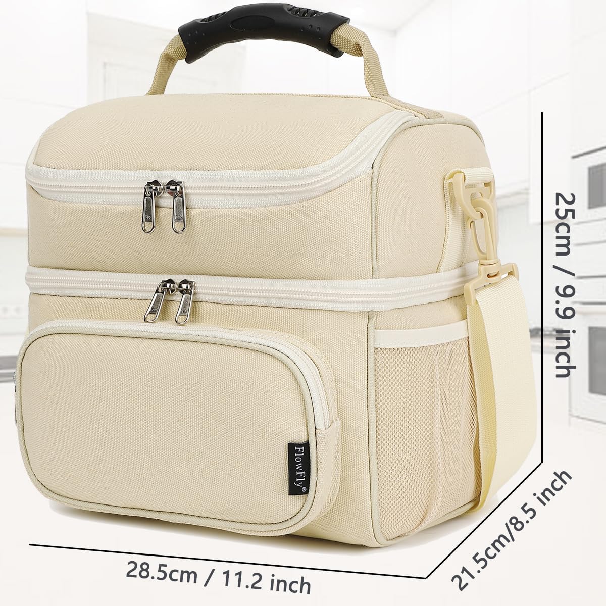 FlowFly Double Layer Cooler Insulated Lunch Bag Adult Lunch Box Large Tote Bag for Men, Women, With Adjustable Strap,Front Pocket and Dual Large Mesh Side Pockets