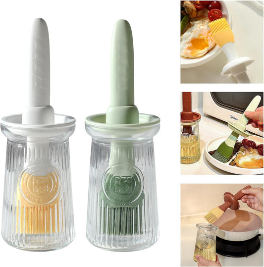 Oil Dispenser with Brush - Glass Olive Oil Dispenser for Kitchen, 3 IN 1 Oil Dispenser Bottle with Silicone Basting Brush for Cooking Vinegar Sauce BBQ Grill Frying (Green/White)