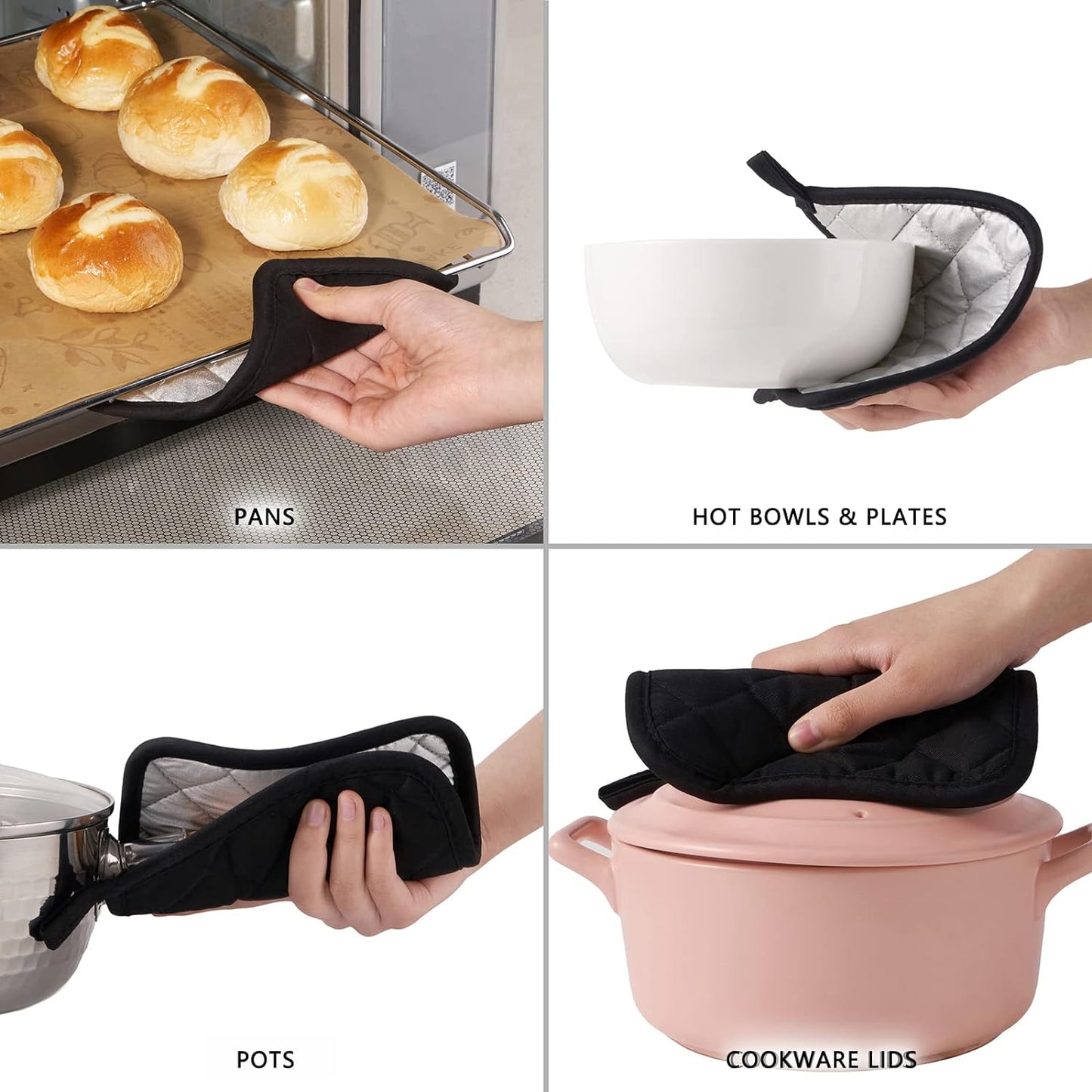 Kitchen Pot Holders Set Heat Resistant Pure Cotton Potholders Kit Trivets Large Coasters Hot Pads Terry Pot Holders for Everyday Cooking and Baking by 7 x 7 Inch Set of 6 Black