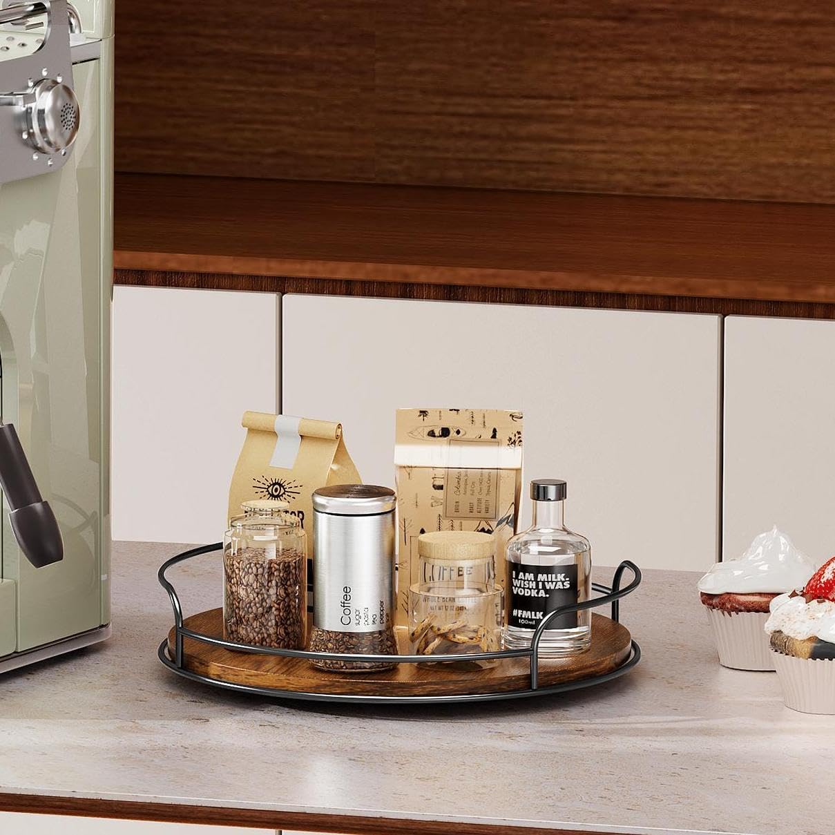 LAMU Lazy Susan Organizer, 9'' Lazy Susan Turntable for Cabinet, Table Top, Kitchen, Countertop, Bathroom, Pantry, Spice Organization, Wooden,1 Pack