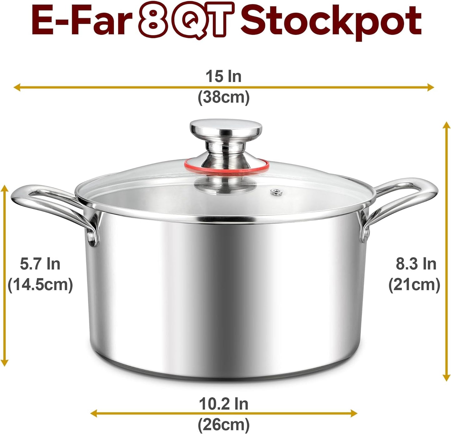 E-far 8 Quart Stock Pot with Lid, 18/10 Tri-ply Stainless Steel Stockpot for Induction Ceramic Gas Stoves, Heavy Duty Cooking Pot for Pasta Soup Stewing Simmering, Oven and Dishwasher Safe