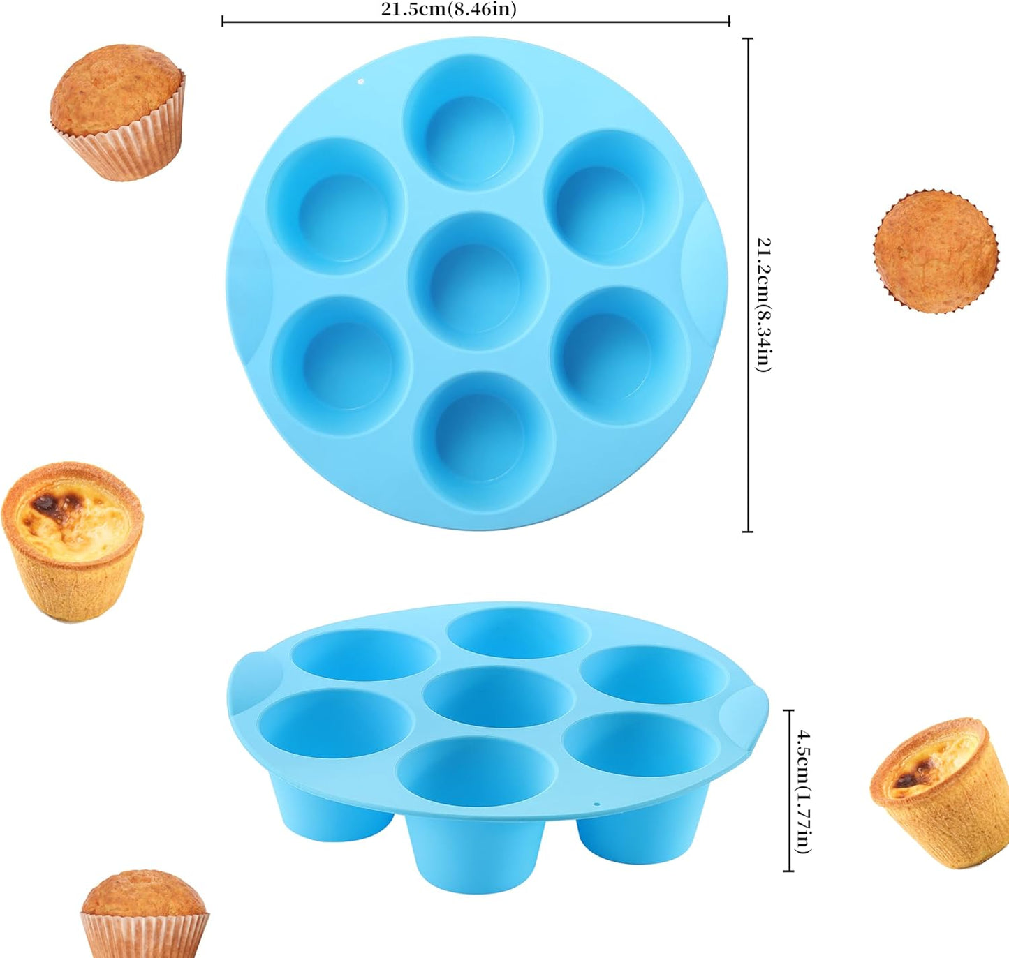 2 Pack Silicone Egg Bite Molds, Food Grade 7-Cups Air Fryer Muffin Pan for Baking Mini Muffins, Egg Bite, Tart, Mini Cupcake and Quiche, Nonstick and BPA - Free (Orange+Blue)