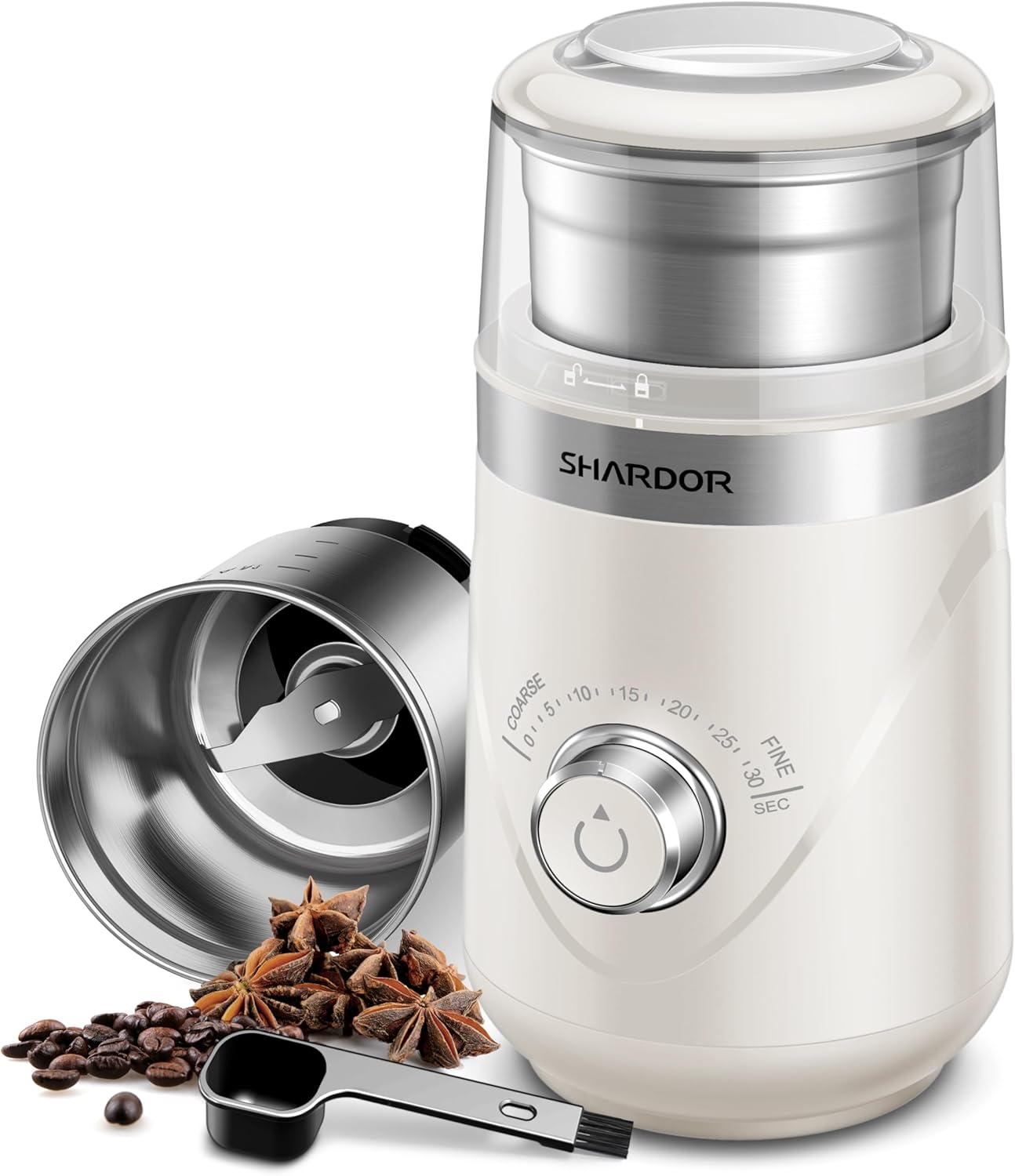 SHARDOR Electric Super Silent Blade Coffee Grinder, Timed Grind Control Rotary Knob, Adjustable Coarse to Fine for Coffee Beans, Spices & Herbs, with 1 Removable Stainless Steel Bowl, Cream