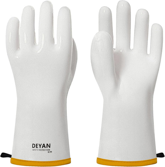 DEYAN Silicone BBQ & Oven Gloves - Food Grade, Heat Resistant Waterproof & Oil Proof Gloves for Grilling, Baking, Frying, Cooking - Long Sleeve & Non-Slip Grip, 1 Pair (White, 7/S)