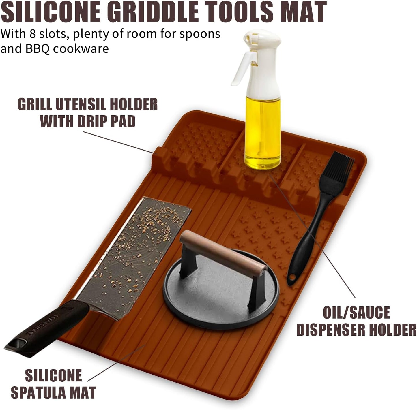 Silicone Griddle Tools Mat for Blackstone,Grill BBQ Caddy Utensils Holder for Kitchen,Cooking & Countertop,Large Spatula Mat with Drip Pad,Griddle Accessories for Blackstone (brown-2)