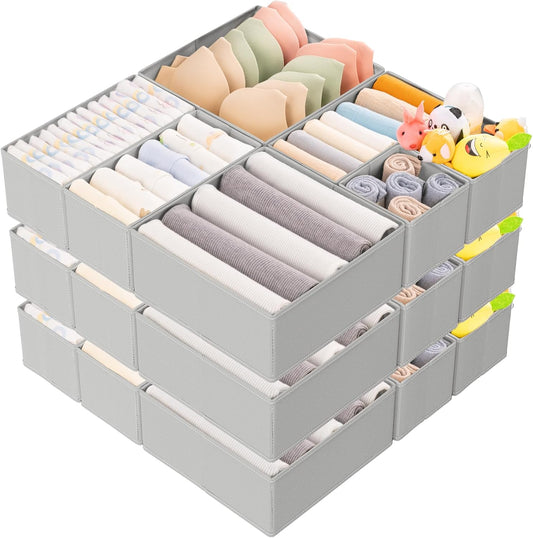 Criusia 15 Pack Drawer Organizer for Clothes, Foldable Dresser Dividers with 3 Sizes, Fabric Storage Bins – Gray