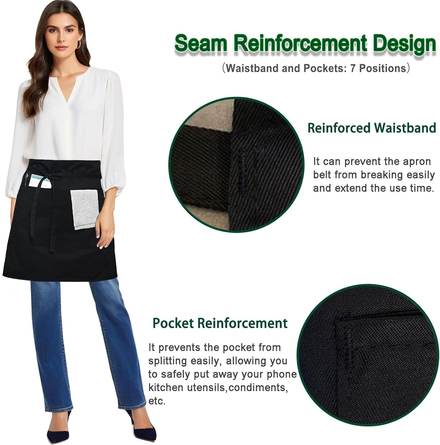 4 Pack Black Waist Apron, Short Chef Apron with 3 Pockets, Half Apron for Waiter Waitress, Catering Work Apron For Clean Bistro Garden Bar Coffee Shop Restaurant (Polyester)