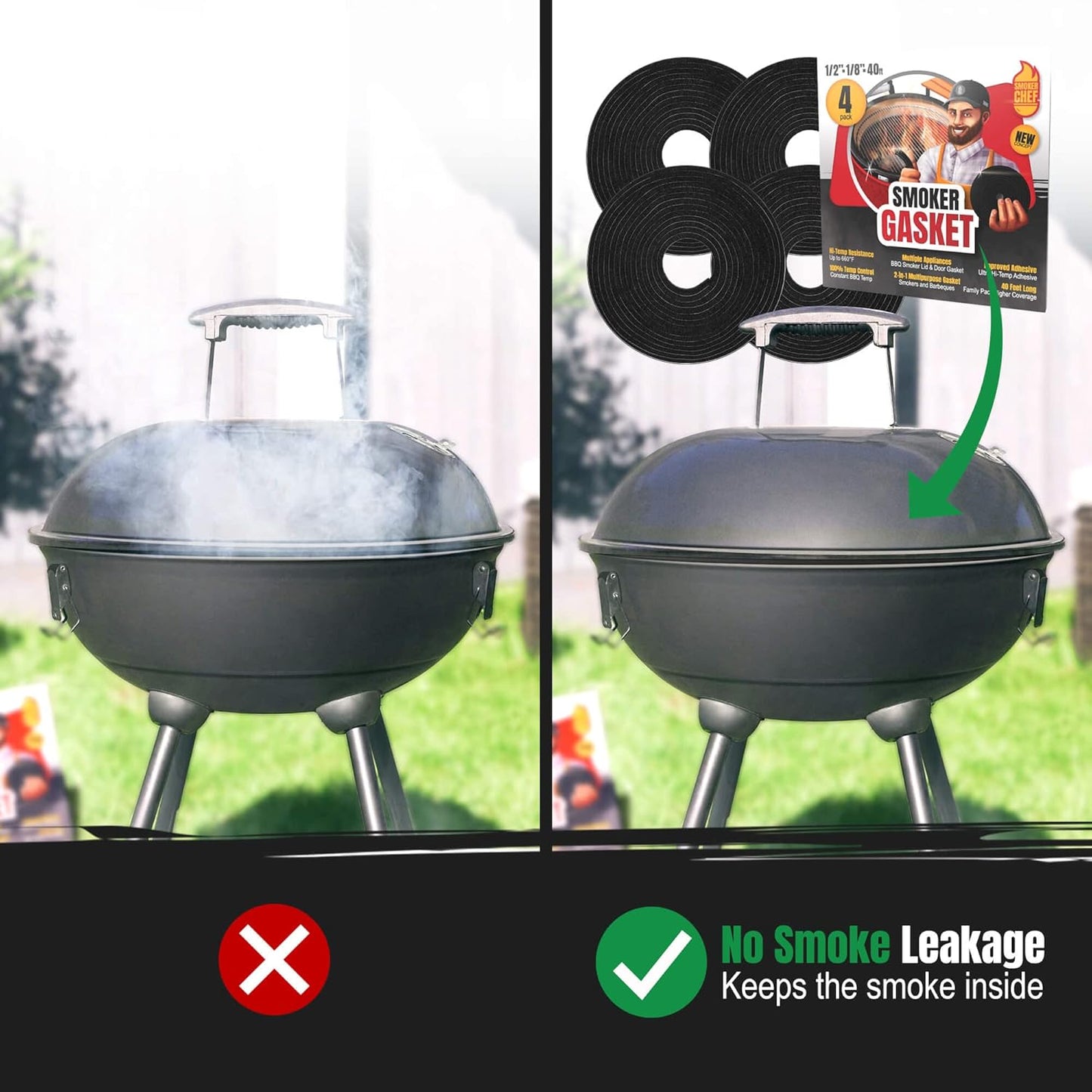 XXL 40 FT Grill Gasket for Smokers - Black 1/2’’ x 1/8’’ Hi Temp Seal Smoker Gasket – 4-Pack x 10 FT Self Stick Black Nomex Fire Tape BBQ Lid – Bbq Grill Smoker Accessories Gifts for Men