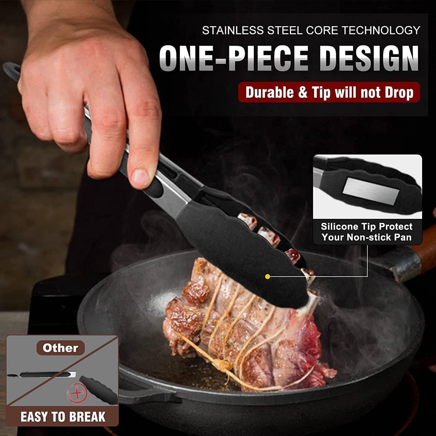 Heat Resistant Silicone Tongs Set - 600 Degrees, Kitchen Tongs for Cooking, Grilling, Turning - Stainless Steel and BPA Free Silicone Tips (7", 9" and 12 inch)